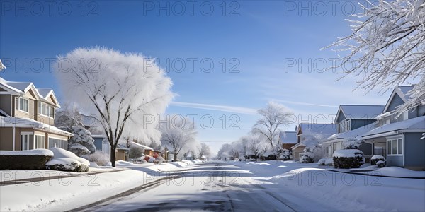 A serene suburban street in winter with snow, AI generated