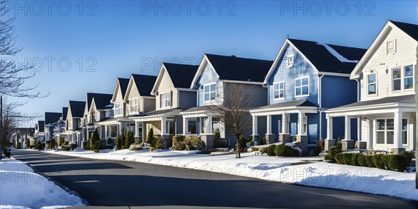 A serene suburban street in winter with snow, AI generated