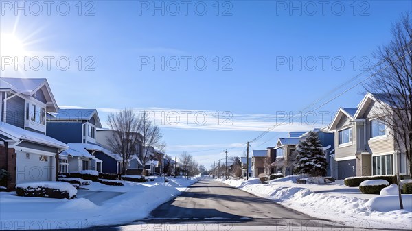 A serene suburban street in winter with snow, AI generated