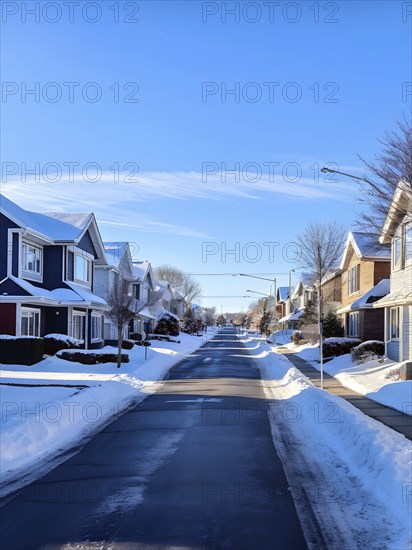 A serene suburban street in winter with snow, AI generated