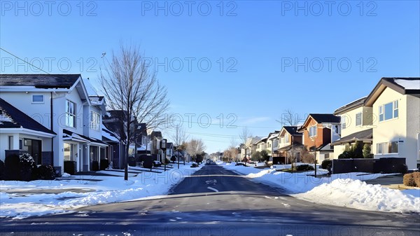 A serene suburban street in winter with snow, AI generated