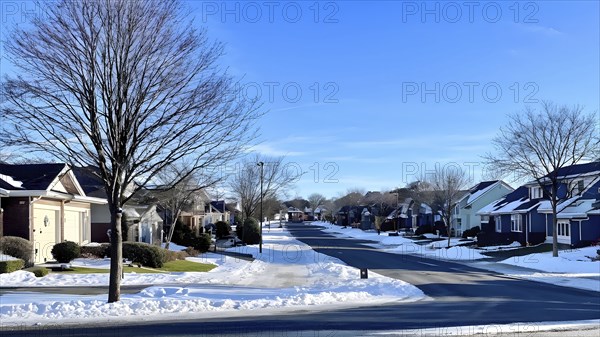 A serene suburban street in winter with snow, AI generated