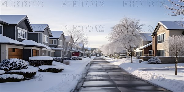 A serene suburban street in winter with snow, AI generated