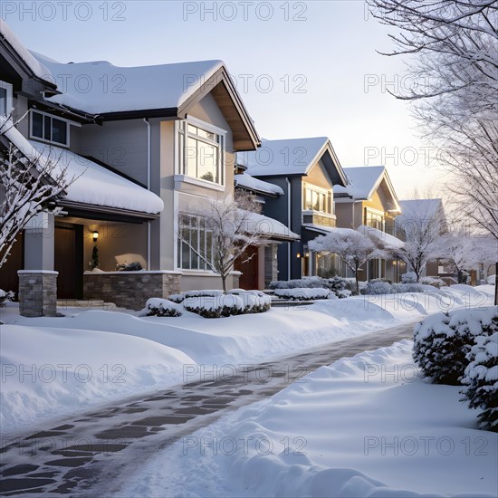 A serene suburban street in winter with snow, AI generated
