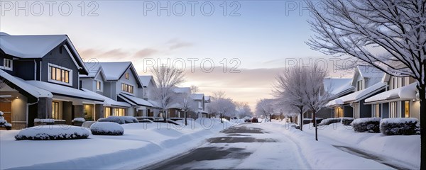 A serene suburban street in winter with snow, AI generated