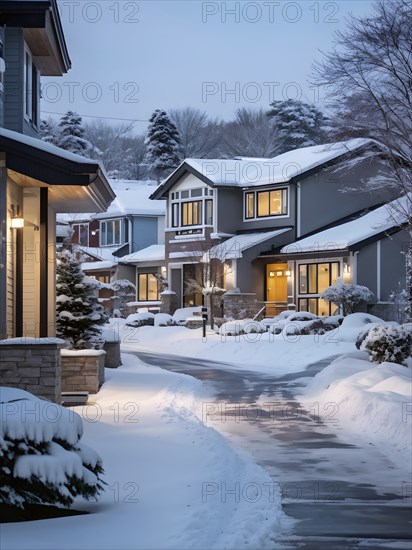 A serene suburban street in winter with snow, AI generated