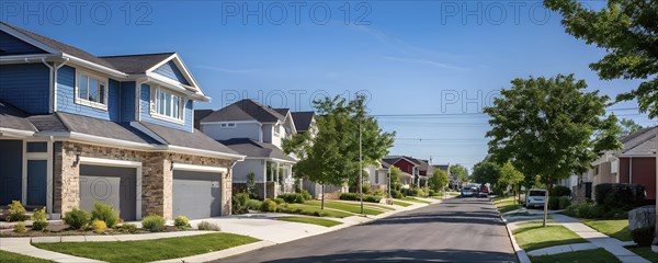 A serene suburban street with blooming plants under a bright sky, AI generated