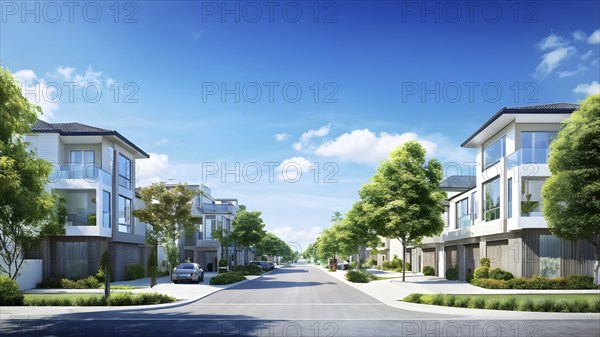 A serene suburban street with blooming plants under a bright sky, AI generated