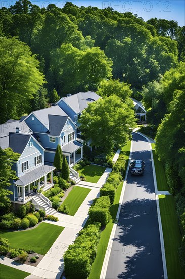 A serene suburban street with blooming plants under a bright sky, AI generated