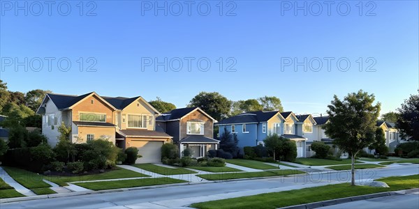 A serene suburban street with blooming plants under a bright sky, AI generated
