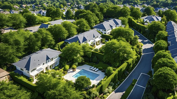 A serene suburban street with blooming plants under a bright sky, AI generated