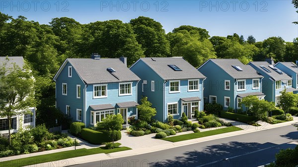 A serene suburban street with blooming plants under a bright sky, AI generated