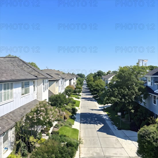 A serene suburban street with blooming plants under a bright sky, AI generated