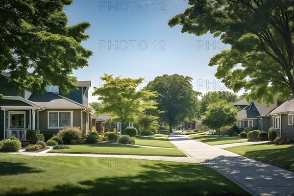A serene suburban street with blooming plants under a bright sky, AI generated