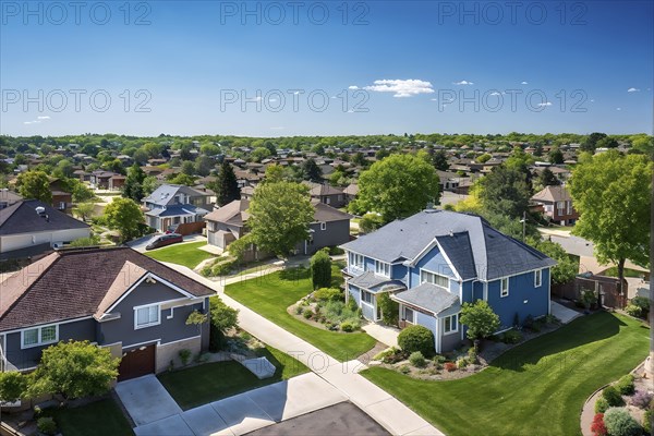 A serene suburban street with blooming plants under a bright sky, AI generated