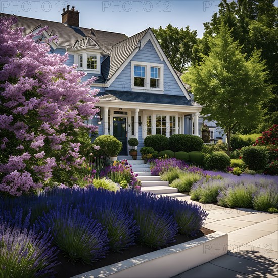 A serene suburban street with blooming plants under a bright sky, AI generated