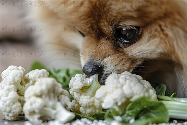 Close up of cute Pomeranian dog eating raw cauliflower vegetable. Generative AI, AI generated