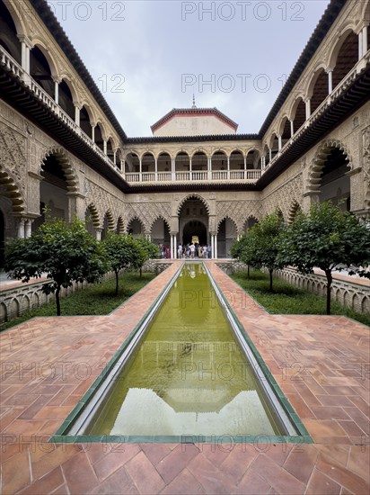 Patio de las Doncellas, Courtyard of the Virgins, with stucco arabesques in the Mudejares style,