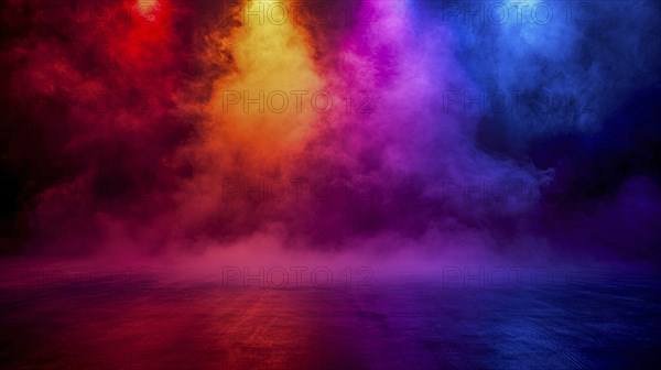 A vibrant and energetic stage setup with colorful spotlights and thick smoke, AI generated