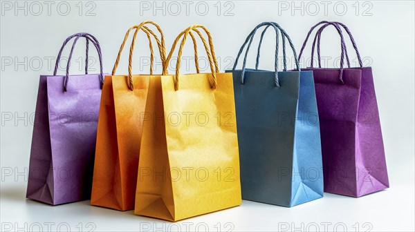 Five bright paper bags in various colors including orange, blue, and purple on a white background,