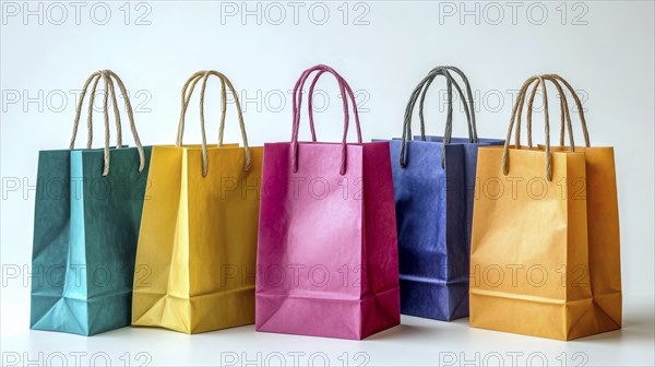 Five colorful paper bags on a white background, AI generated