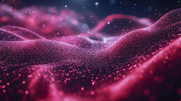 Abstract digital image showing pink glowing particles creating wave-like structures, AI generated