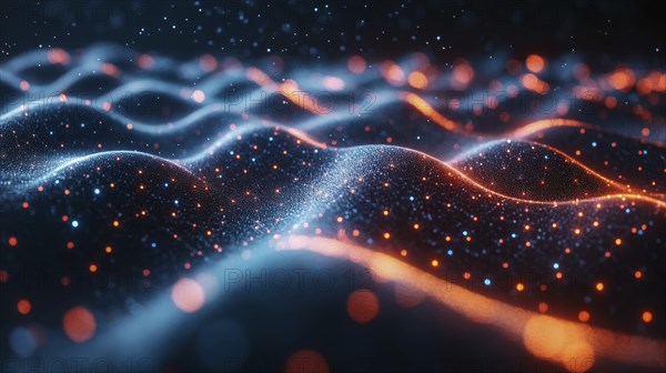 Abstract digital image with red and blue glowing particles creating dynamic wave formations, AI