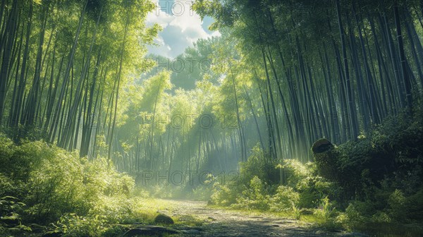 A sun-dappled path winds through a tranquil bamboo forest, AI generated
