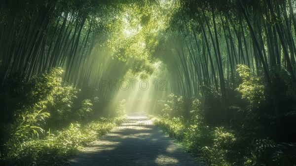 Sunlight filters through a dense bamboo forest, illuminating a tranquil pathway, AI generated