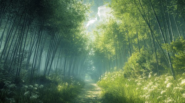 A tranquil bamboo forest with a sunlit path surrounded by lush greenery, AI generated
