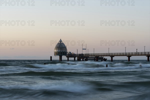 Diving gondola and pier in the light of the evening sun, Zingst, Mecklenburg-Vorpommern, Germany,