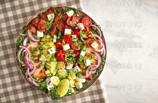 Cobb salad, keto food, top view, no people, close-up