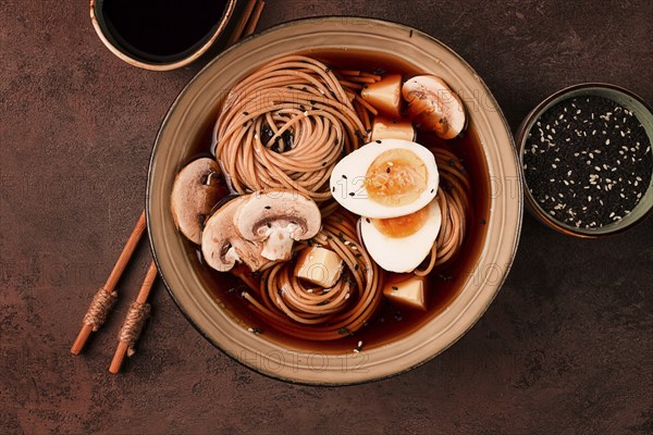 Asian soba soup, with mushrooms and egg, cheese, sesame seeds, homemade, no people