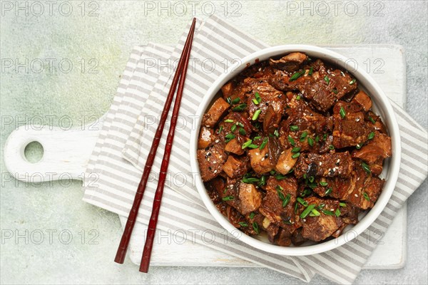 Bulgogi, with mushrooms, with sesame seeds and green onions, Korean cuisine, homemade, no people