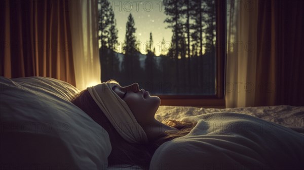 A woman lying in bed at night, gazing out a window at the stars, evoking a sense of peace and