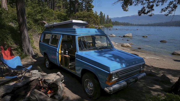 Blue van parked by a lake, set up for camping with a fire pit, surrounded by nature and mountains,