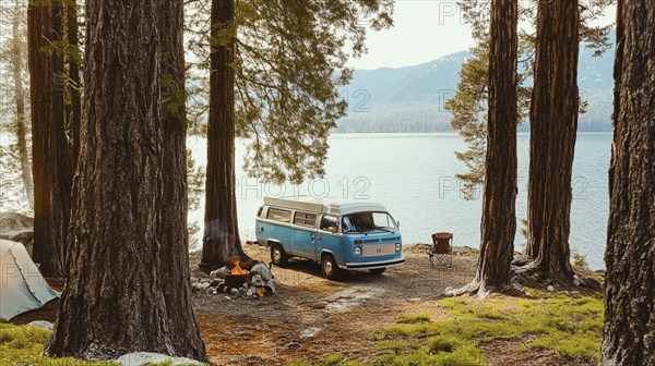 A blue van parked by a lake in a forest, with a campfire setup and tent, evoking an outdoor