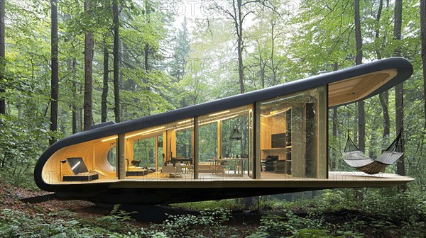 Modern forest cabin with a curved design, glass facade, wooden interior, and a hammock, situated