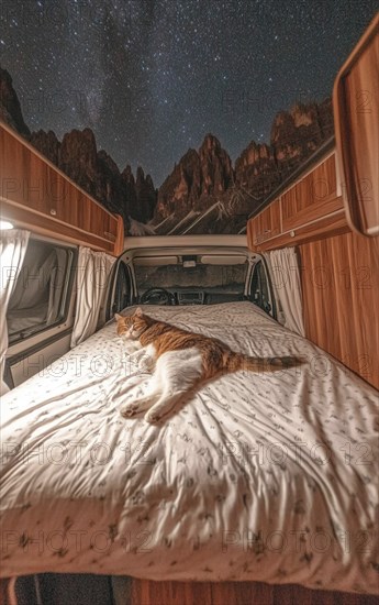 A cat lying on a bed in a van under a starry sky, surrounded by mountains with a wooden interior,