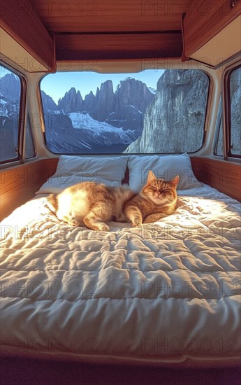 A cat lying on a bed inside a van with a breathtaking view of mountains and cozy warm lighting, AI