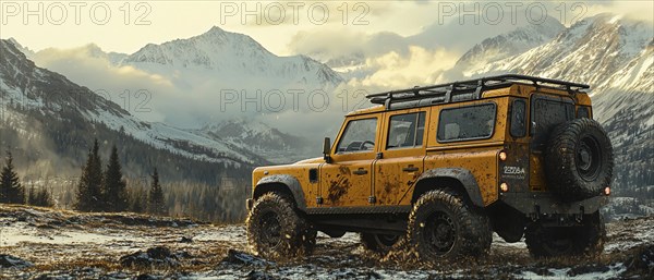 Rugged SUV navigating off-road terrain against a backdrop of scenic, snow-capped mountains, AI