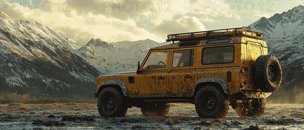 Rugged SUV driving off-road in a scenic mountainous area with snow-capped peaks in the background,