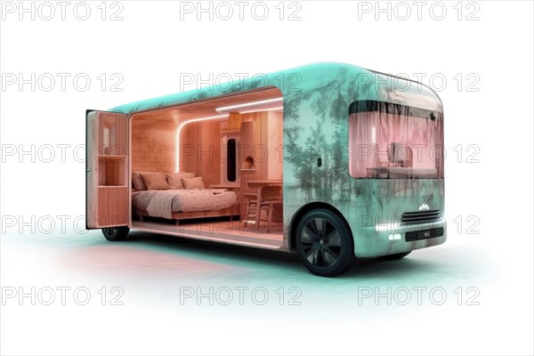 Modern van with a minimalist interior, featuring a bed and desk, with wood elements and a cozy