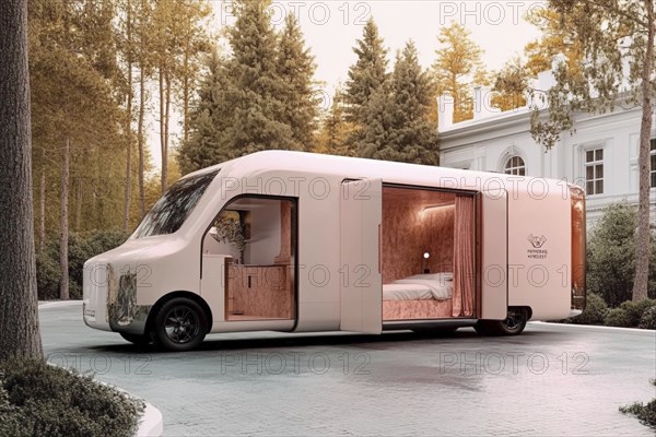 Luxurious white caravan with an open interior situated in a forest near classic architecture, AI