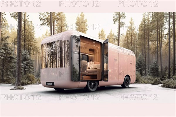 Luxurious pink caravan in the forest featuring glass doors and an open, stylish interior design, AI