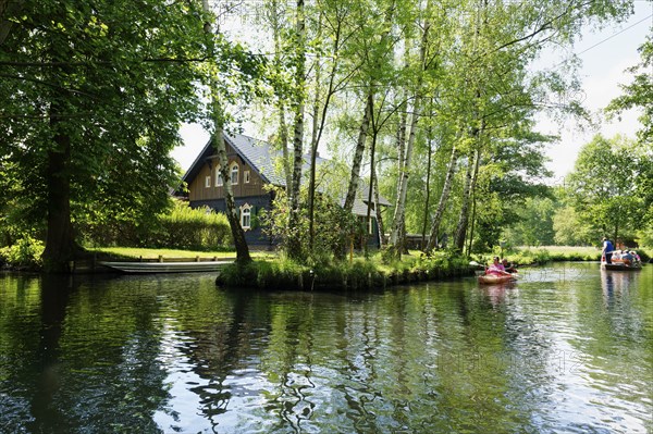Paddling in the Spree Forest or Spreewald biosphere landscape, Brandenburg, Germany, Europe
