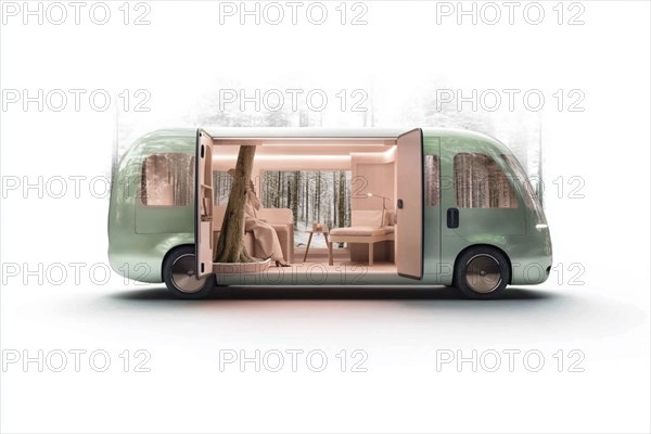 Luxurious modern green van with a sleek design, featuring a comfortable interior and forest