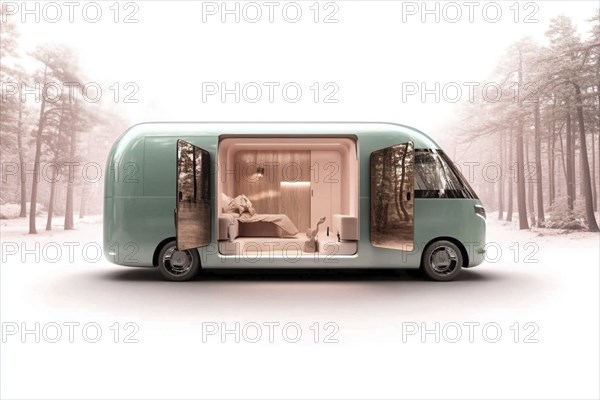 Modern green van with luxurious design, set against a forest backdrop, featuring a cozy interior,