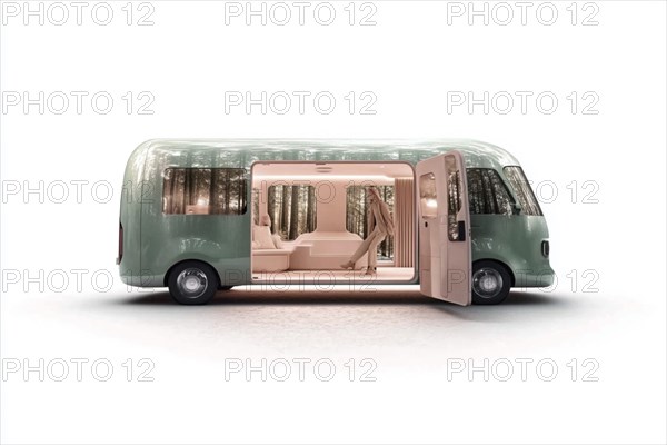 Luxurious modern green van with a sleek design showcasing a cozy and spacious interior, AI