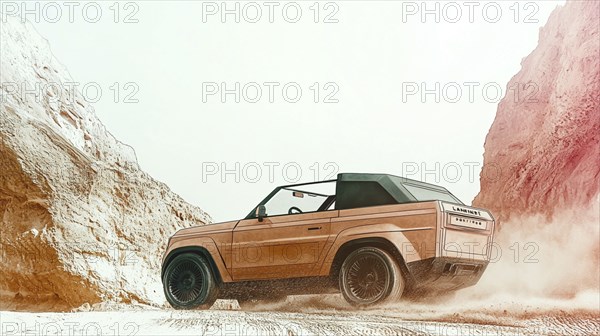 An illustration of a convertible ascending a mountainside in a desert setting, emphasizing